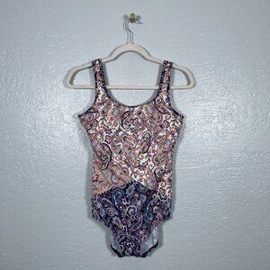 Lands End Women 8 D Blue Pink Cream Paisley Tugless Sporty One Piece Swimsuit